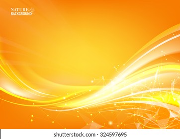 Orange background with polygonal network element and fantastic light. Horizontal banner for science. Wireframe mesh polygonal element. Glow light futuristic background. Vector illustration.