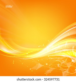 Orange background with polygonal network element and fantastic light. Abstraction for science. Wireframe mesh polygonal element. Glow light futuristic background. Vector illustration.