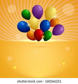 Orange background with rays and colored balloons