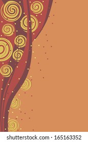 orange background with red waves and yellow circles.