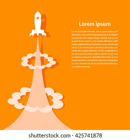 Orange background with rocket. Illustration The launch rocket with smoke. The concept of a startup and growth. Stock vector