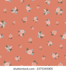 An orange background scattered with orange and salmon-colored mums create a seamless vector repeat pattern design.