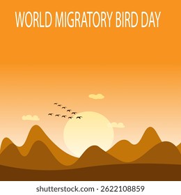 Um fundo laranja de um pôr do sol sereno com montanhas e pássaros voando contra o fundo do sol. Com a inscrição Dia Mundial das Aves Migratórias. Ilustração de vetor minimalista