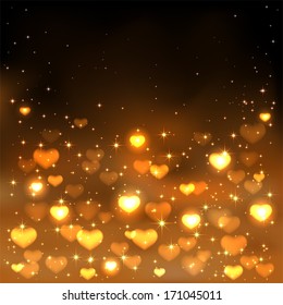 Orange background with shiny blurry hearts and stars, illustration.
