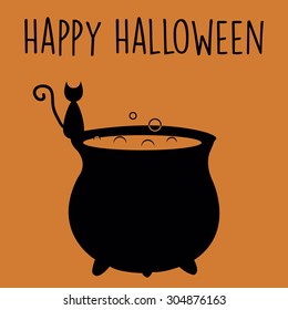 Orange background with a silhouette of a cauldron and a cat. Vector illustration