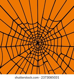 Orange background with spider round web. Vector silhouette on a black background. Element for Halloween design.

