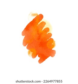 Orange background stroke, stripes with wet yellow spots and splashes, shape made with watercolor. Abstract highlight, brush test doodle. Isolated simple artistic hatching background. Clip art