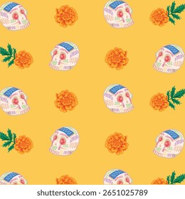 Orange background with sugar skull and marigold, dia de muertos, Mexico