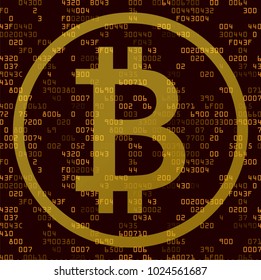 Orange background with symbol of bitcoin. Cryptocurrency and blockchain technology concept. Vector Illustration.