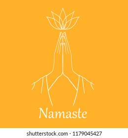 Orange background with symbol Namaste. Hand drawn Vector. Sketch Style. Symbol of Buddhism. Namaste hands with lotus flower. Line art. Illustration in Linear Engraving Style