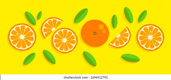 Orange background. Orange tangerine grapefruit lemon lime on a yellow background. Vector illustration of summer fruits and citrus. Citrus icons and silhouettes. Cute painted oranges. Tropical fruits