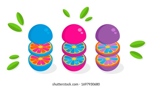 Orange background. Orange tangerine grapefruit lemon lime on a white background. Vector abstract illustration of summer fruits and citrus. Citrus icons and silhouettes. Original creative fruits