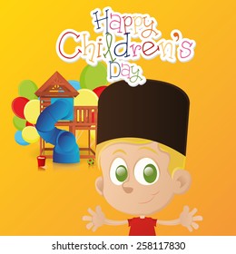 an orange background with text, toys and a boy