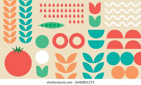 Orange background with tree, tomato slice, leaves, seeds, and crop-inspired elements in a playful abstract garden design.