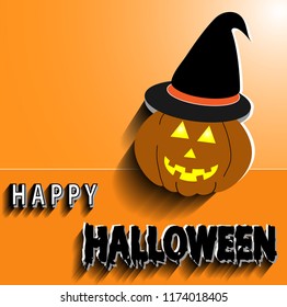 Orange background, vector illustration, pumpkin halloween, black hat with text, happy hello background for making labels, cards, banner