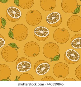 Orange background, vector seamless pattern with hand drawn citrus fruits