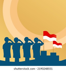 Orange background wallpaper. Flat icon illustration people in silhouette doing flag ceremony. Respet to red and white flag (Indonesian National flag). Indonesia Independence Day at August, 17th.