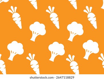 plano de fundo laranja com imagem de brócolis e cenoura branca