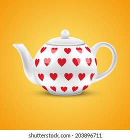 Orange background of White ceramic teapot with hearts pattern. Vector illustration. Isolated of background.