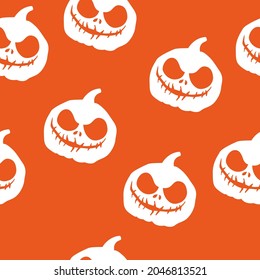 Fondo de pantalla naranja y papel pintado de calabazas blancas. Vector sin fisuras Jack-o-lanterns.