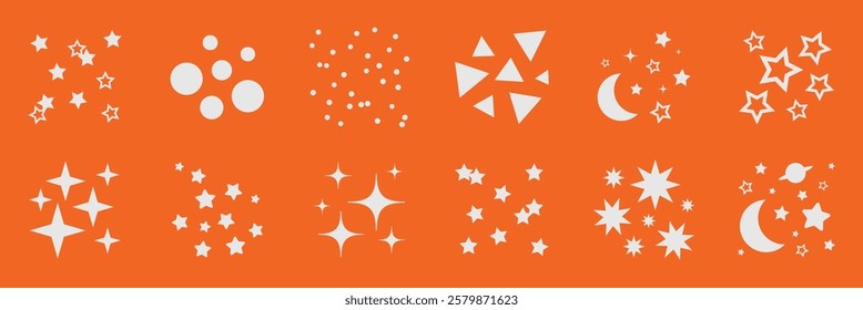 Orange background with white star, moon, and geometric shapes. Stars and moons create a celestial theme. Geometric shapes add variety. Stars and moons stand out. Sparkles element vector set.