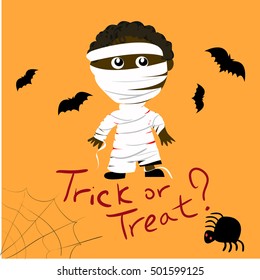 An orange background with words "Trick or treat", a boy in the mummy costume, bats, a spider, and a web