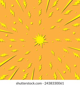 Orange background with yellow lightning bolts, illustrating sun rays. Abstract vector illustration with retro design