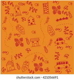 Orange backgrounds car  and home doodle art