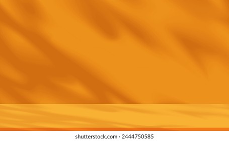 Orange Hintergrund, Studio-Raum-Display-Podium mit Blättern Schatten, Sonnenlicht auf Zementwand, Leere Kulisse für Kosmetik-Produktpräsentation, Verkauf, Online-Shop im Herbst, Herbst Saison