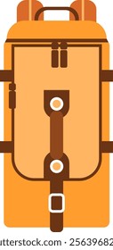 Orange backpack featuring a front view with brown straps, buckles, and zippers, isolated against a white background, perfect for travel and adventure themes