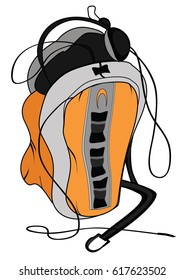 Orange backpack and headphones.Vector illustration on white background. 