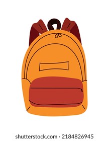 Orange backpack icon. Equipment for hiking, camping, bag with things for travel, trip and tourism in tropical and exotic countries. Stickers for social networks. Cartoon flat vector illustration