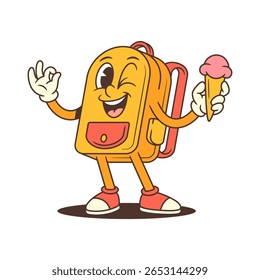 Orange backpack mascot holds an ice cream cone and flashes a ok sign with the other hand while winking. Perfect for leisure, summer fun, and playful youth themes. vector illustration