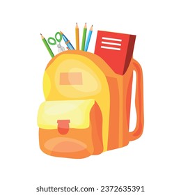 Mochila naranja con material escolar de fondo blanco
