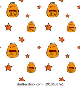 Mochila naranja y estrellas sin fisuras. Ilustración vectorial Doodle, arte de línea de dibujos sencillos. 