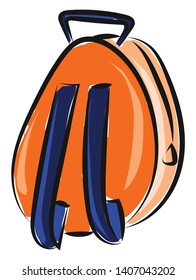 Mochila naranja con dos mangos azules detrás con un cierre y una manecilla negra en la parte superior, vector, dibujo a color o ilustración. 