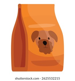 Orange bag of dry food, showing a cute cartoon dog on the front, full of nutrients for a balanced diet