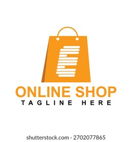 An orange bag forms the subject, displaying a modern, abstract E design composed of parallel lines, sitting above prominent Online Shop branding against a white backdrop.
