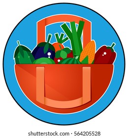 Orange bag with fresh vegetables on a blue background.