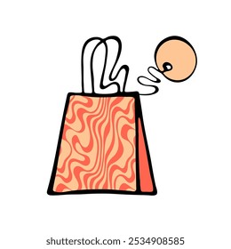 Orange bag with orange round tag and  long handles. Large green tote bag. Bags for fashion ads, seasonal sales, and store promotions. Sketch illustration. Vector image.