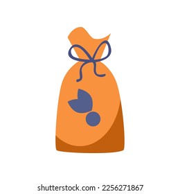 Orange bag or sack with spices or candy vector illustration. Cartoon drawing of item for gift, cooking or decoration isolated on white background. Kitchenware, household concept