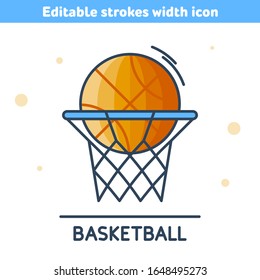 Orange ball in the basket. Outline colorful icon. A linear symbol of school basketball game. Concept of streetball, sport competition, Back to school. Vector illustration with editable strokes width.