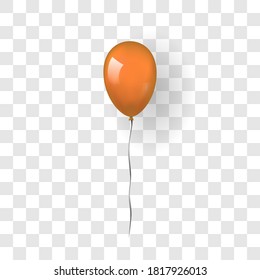 Orange balloon 3D, thread, isolated white transparent background. Color glossy flying baloon, ribbon, birthday celebrate, surprise. Helium ballon gift. Realistic design happy bday. Vector illustration