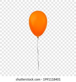 Orange balloon 3D, thread, isolated white transparent background. Color glossy flying baloon, ribbon, birthday celebrate, surprise. Helium ballon gift. Realistic design happy bday. Vector illustration