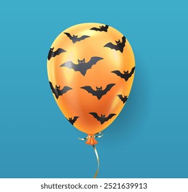 Orange balloon with black bats realistic vector illustration. Children Halloween holiday ornament 3d object image on black background