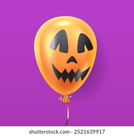 Globo naranja con cara de miedo negro Ilustración vectorial realista. Imagen tallada inflable del objeto de la cabeza 3d de la calabaza en fondo púrpura