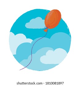 Orange balloon flying into the blue sky with clouds isolated on background. Cute print and vector design. Hand drawn style. Holiday, event, Happy birthday party, carnival, card.