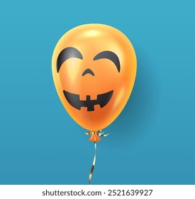 Balão laranja com sorridente ilustração de vetor realista face-o-lanterna. Imagem inflável do objeto 3d da abóbora de Halloween no fundo azul