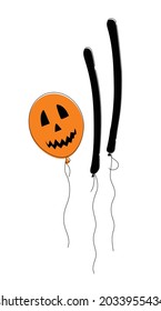 Orangefarbener Ballon mit unscharfem Gesicht und zwei schwarz-langen Ballons auf weißem Hintergrund. 