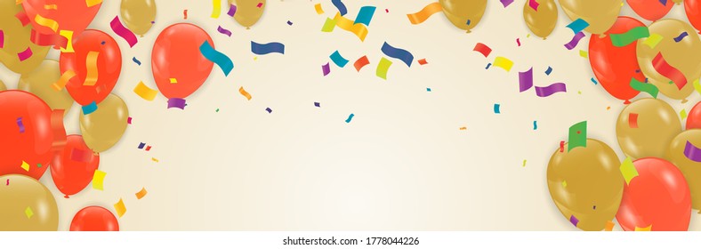 Orange balloons, bunting flags, confetti on background, Autumn concept design, halloween, copy space text